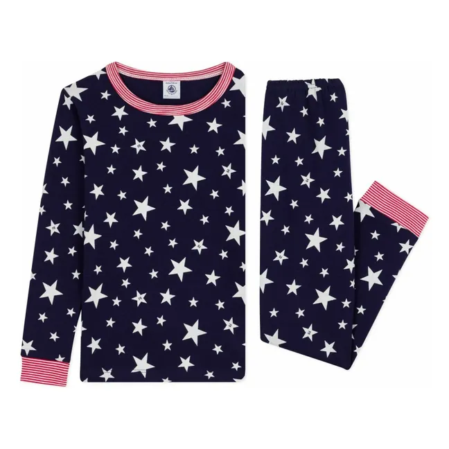 Pyjama Etoiles Col Rayé Coton Bio | Bleu nuit