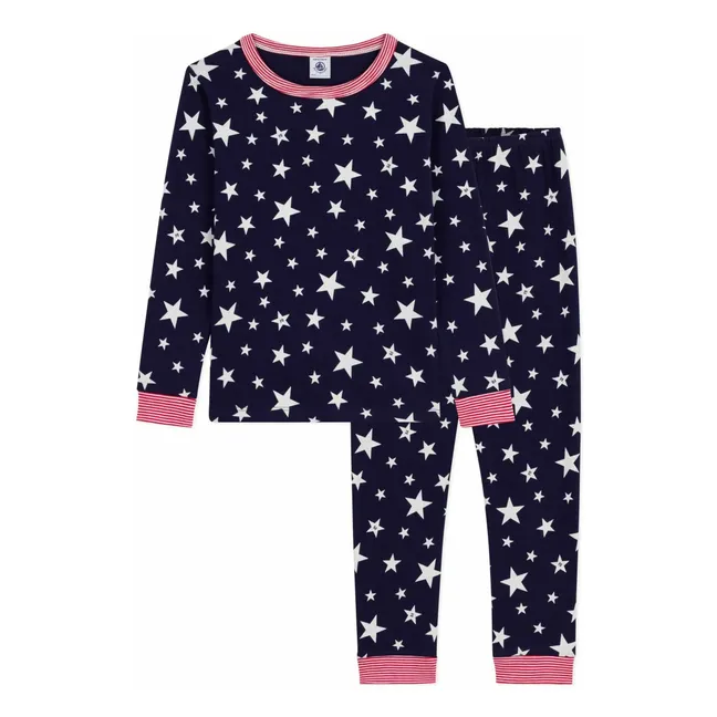 Pyjama Etoiles Col Rayé Coton Bio | Bleu nuit