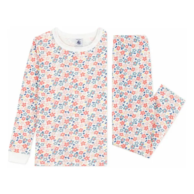 Pyjama Fleuri Bords Contrastés Coton Bio | Weiß