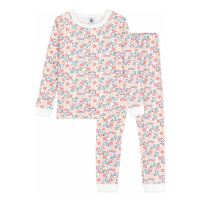 Pyjama Fleuri Bords Contrastés Coton Bio | Weiß