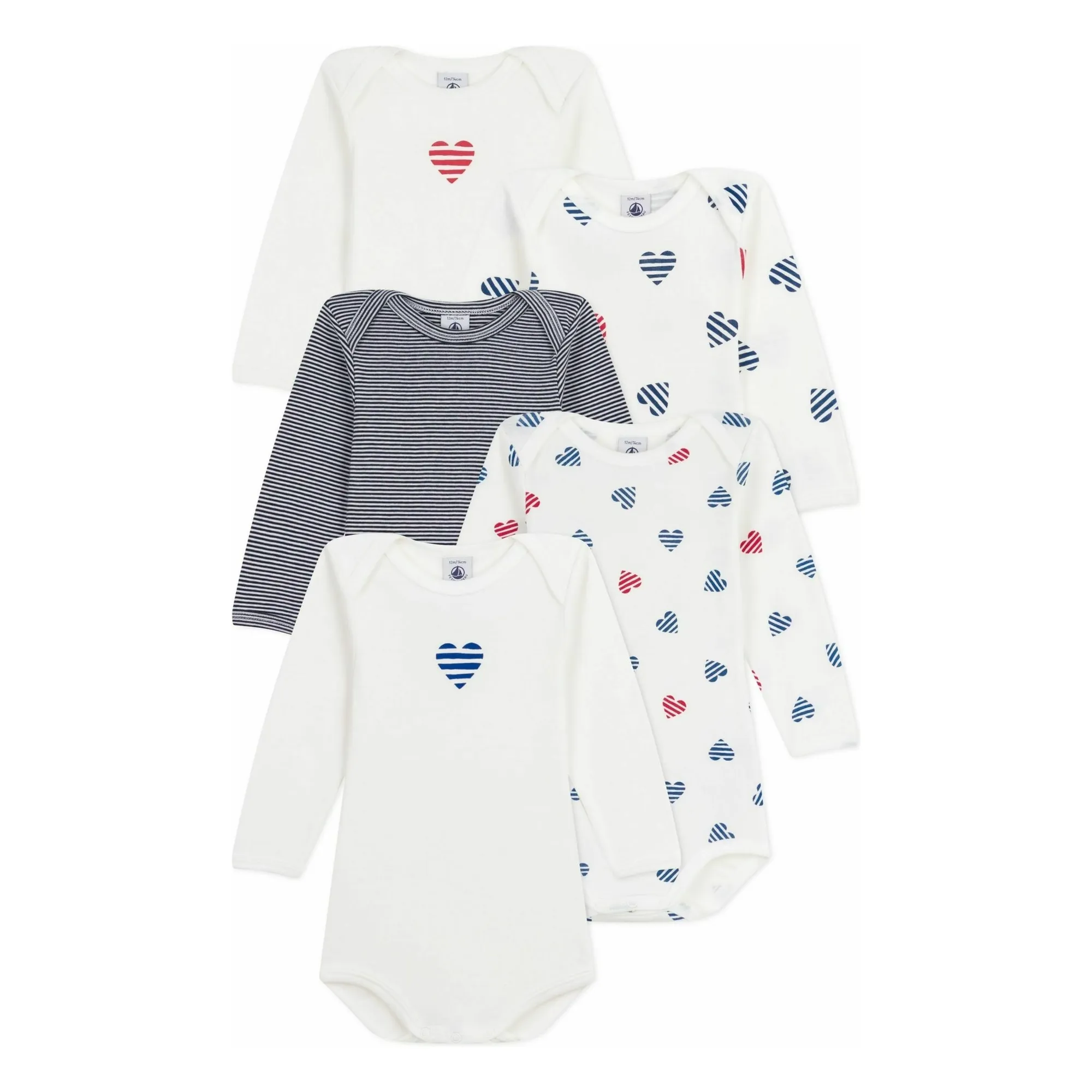 Petit Bateau White 5 Bodies Hearts Organic Cotton