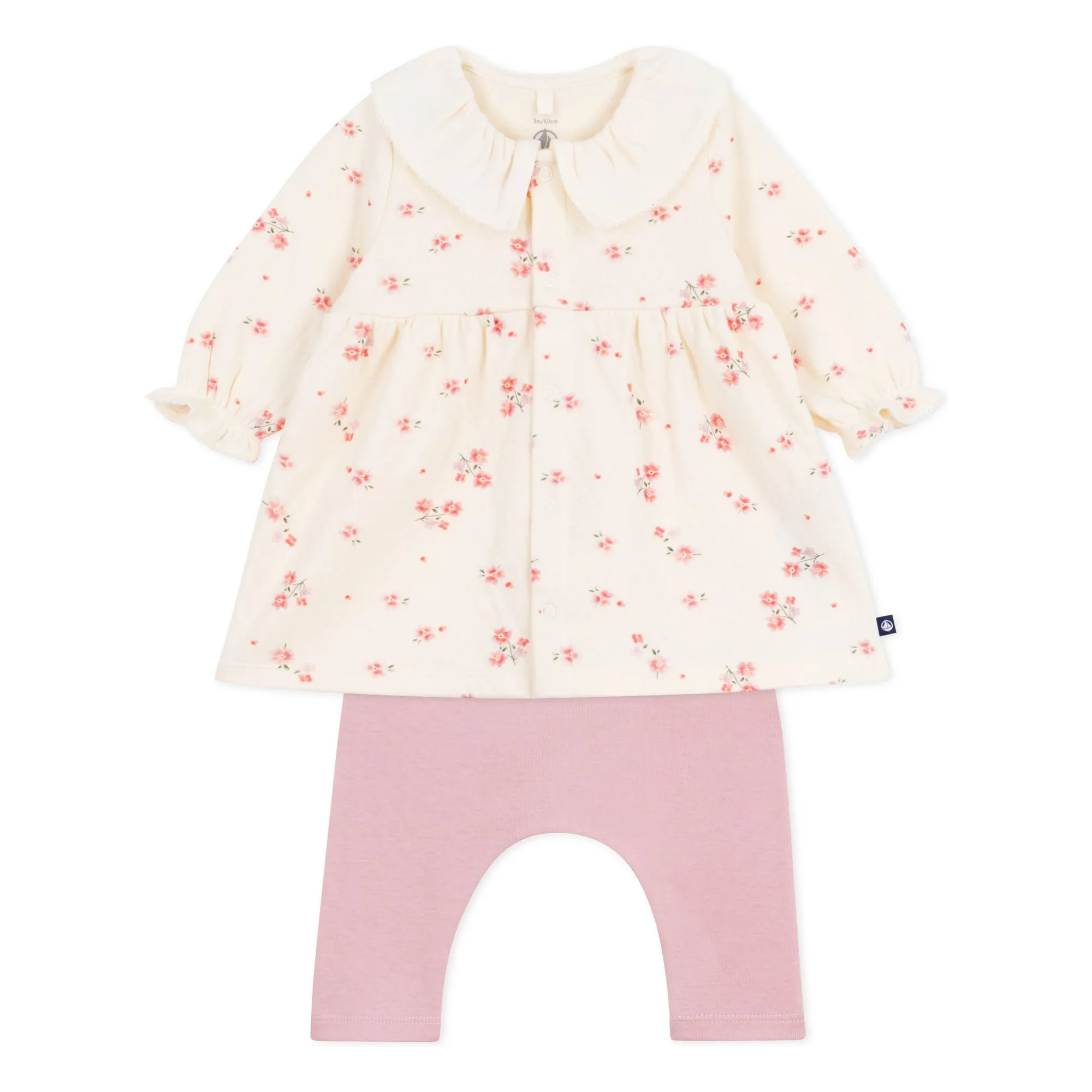 Petit Bateau Pink Organic Cotton Flower Dress And Legging Set