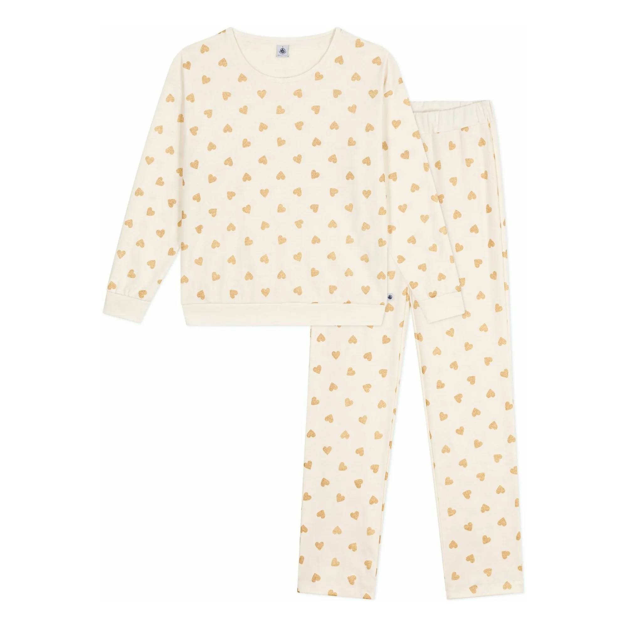 Petit Bateau Ecru Organic Cotton Straight Pyjamas With Sequined Hearts