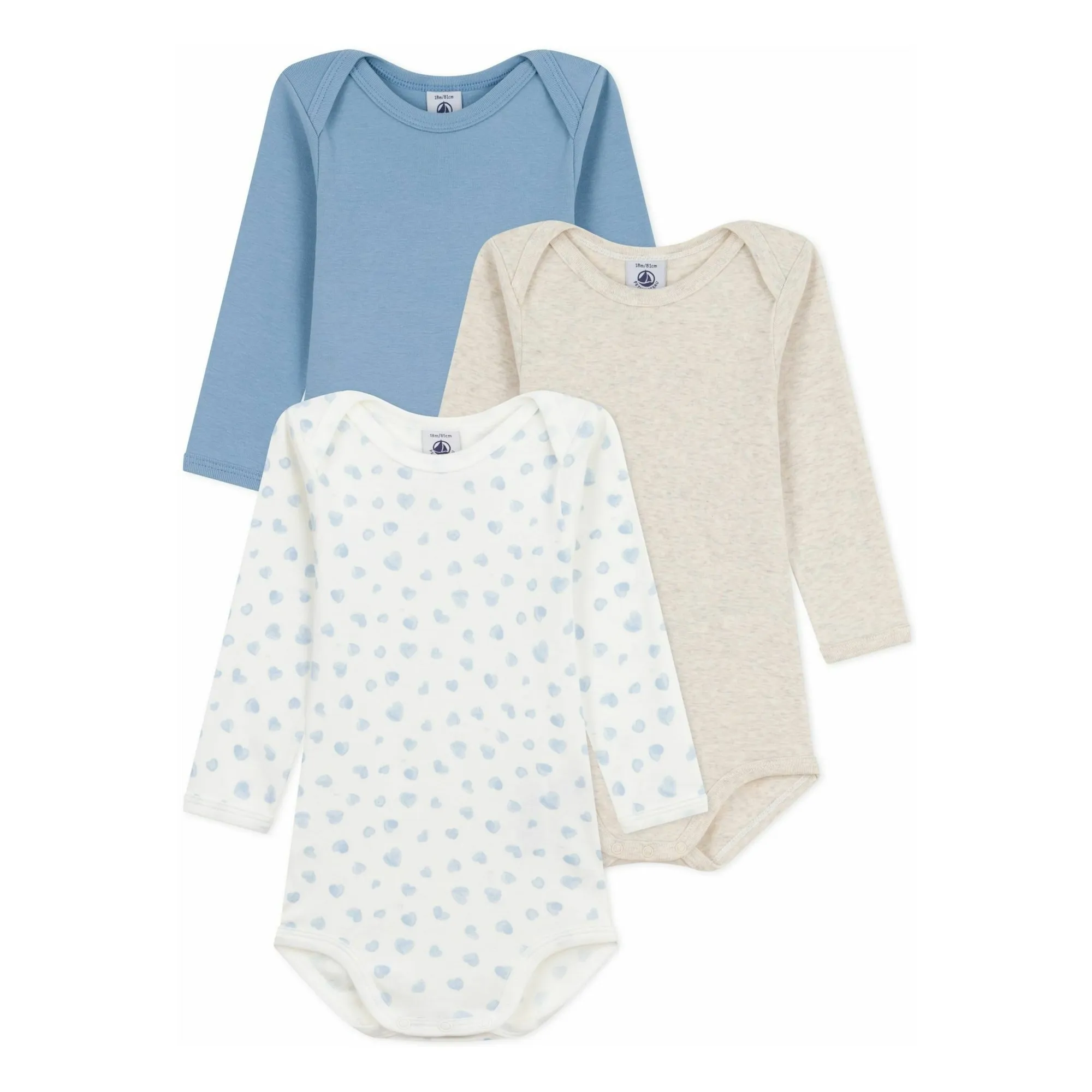 Petit Bateau Blue Set Of 3 Organic Cotton Heart Bodies