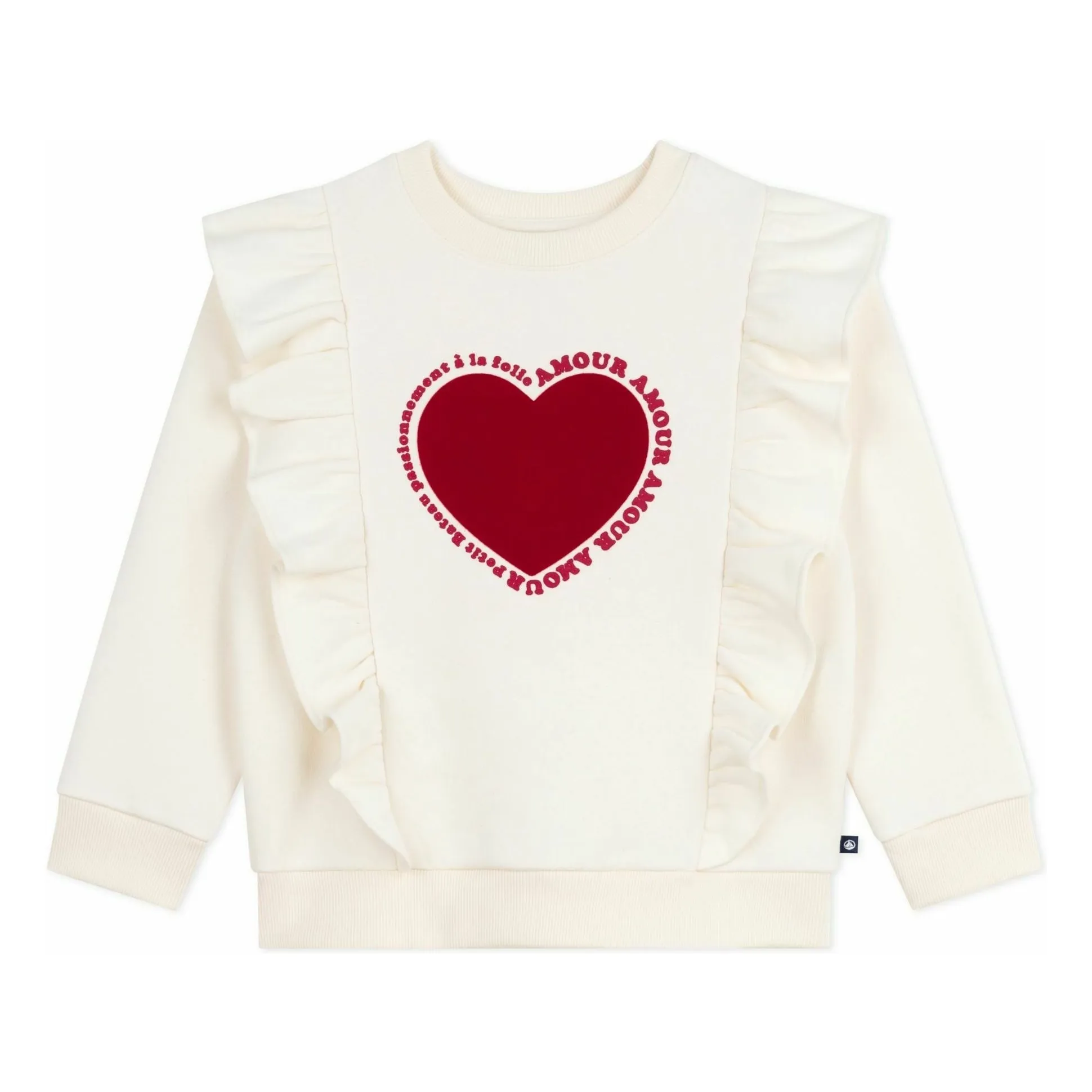 Petit Bateau Ecru Heart Ruffle Sweatshirt