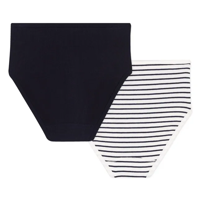Lot 2 Culottes Tailles Hautes Rayées Coton Bio | Bleu marine
