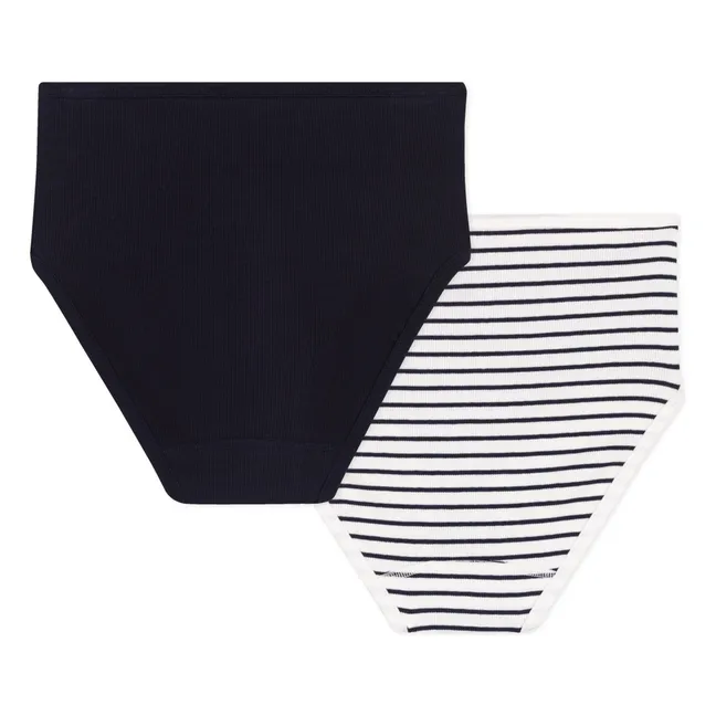 Lote de 2 braguitas de talle alto de algodón orgánico a rayas | Azul Marino