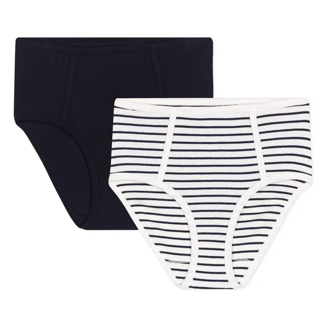 Lote de 2 braguitas de talle alto de algodón orgánico a rayas | Azul Marino