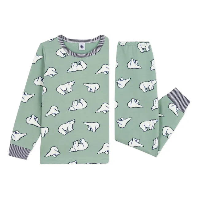 Pyjama Col Rayé Ours Coton Bio | Sauge