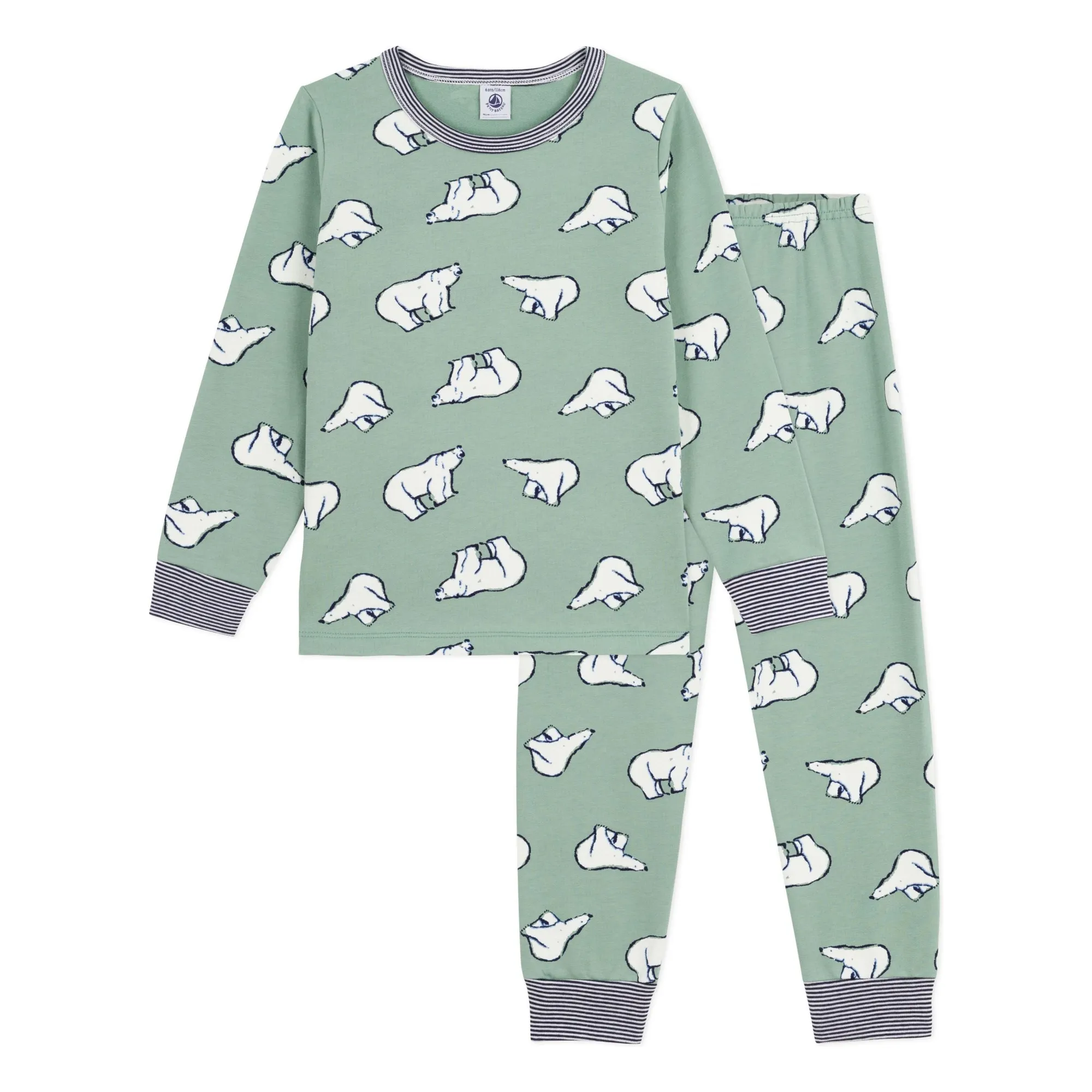 Petit Bateau Sage Striped Collar Organic Cotton Bear Pyjamas