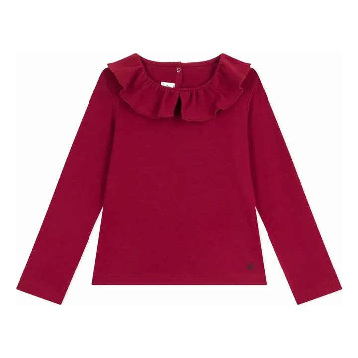 Camiseta de algodón orgánico con cuello de volantes | Burdeos- Imagen del producto n°0