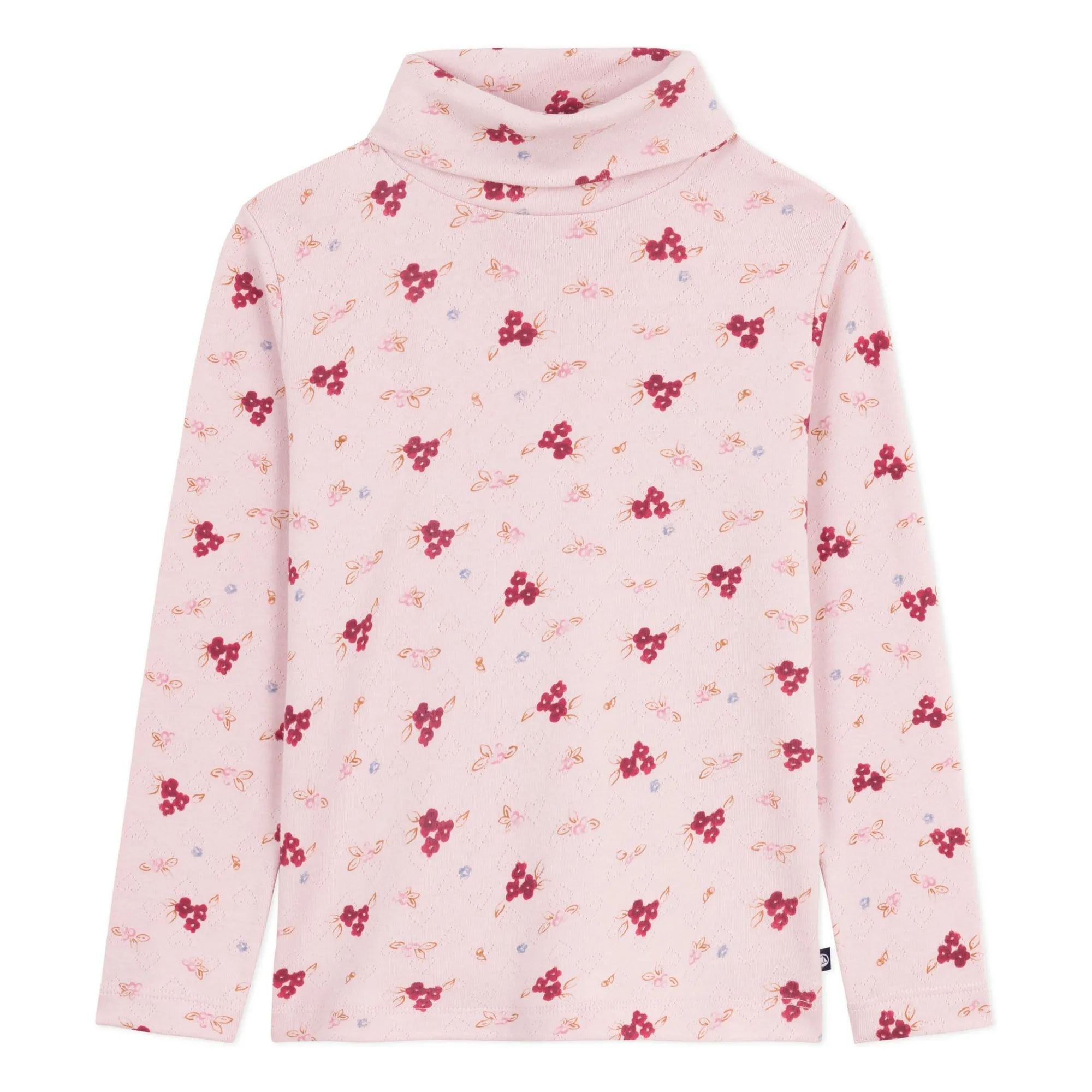 Petit Bateau Pale Pink Pointelle Organic Cotton Floral Turtleneck