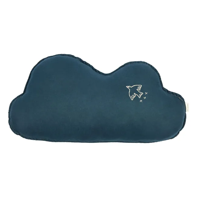 Coussin Nuage avec broderie Oiseau - Lin Français | Bleu nuit