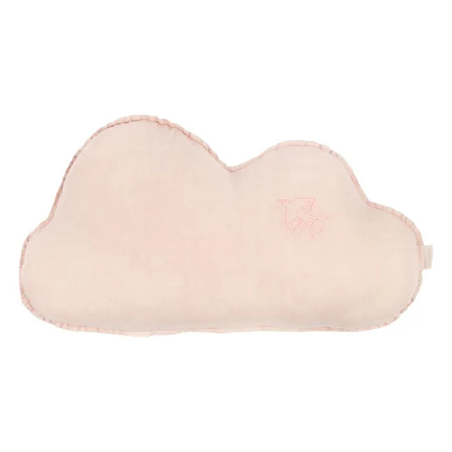 Coussin Nuage avec broderie Oiseau - Lin Français | Rose pâle