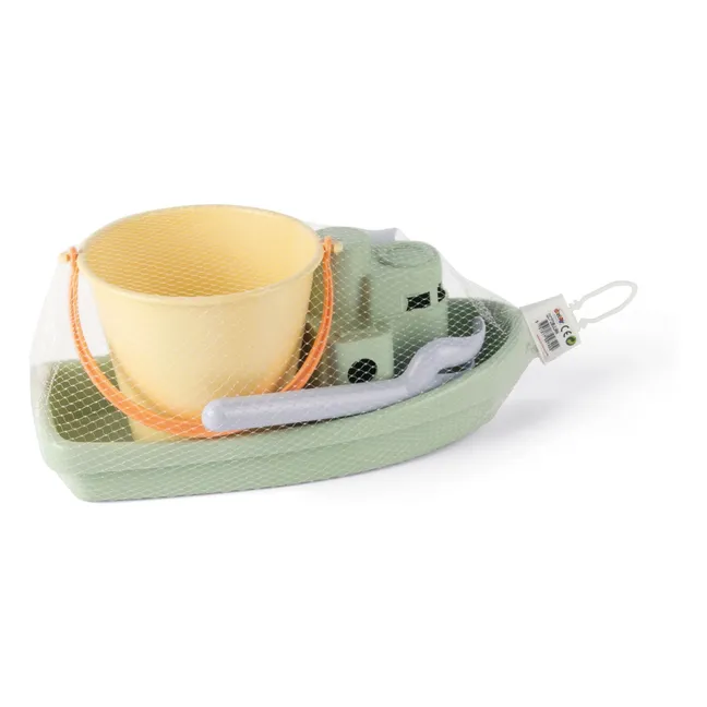 Seau et bateau de plage avec leurs accessoires en bioplastique
