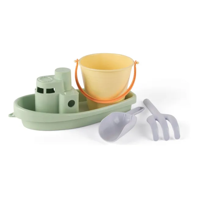 Seau et bateau de plage avec leurs accessoires en bioplastique