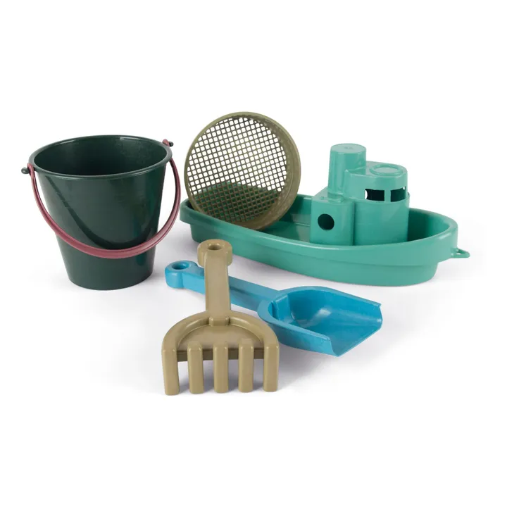 Cubo y barco de playa con accesorios de bioplástico | Azul- Imagen del producto n°0