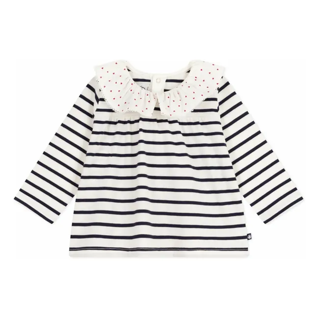 Blouse Rayée Col Cœurs Coton Bio | Blanc