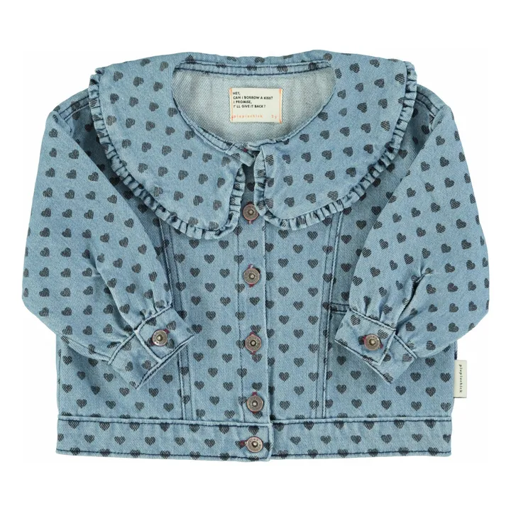 Veste en Jean Col Claudine Cœurs | Bleu Clair- Image produit n°0