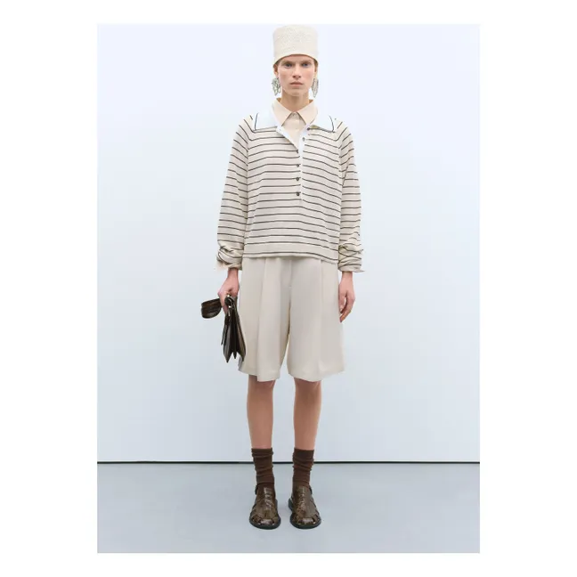 Striped organic cotton polo shirt | Ecru