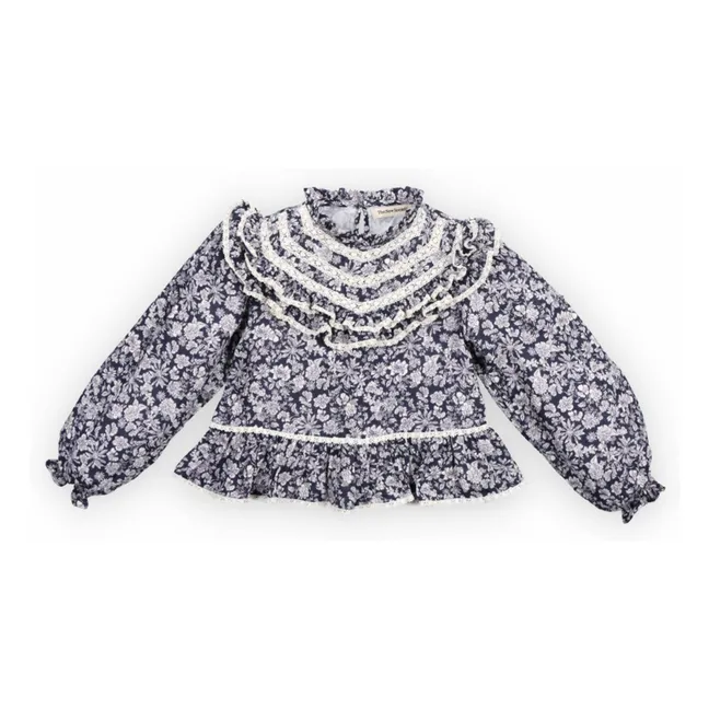Blusa Lilth Doble Algodón Gasa Floral | Azul Marino