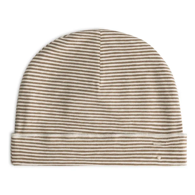 Organic cotton striped beanie | Khaki brown