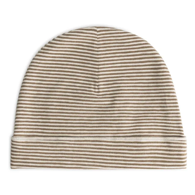 Organic cotton striped beanie | Khaki brown
