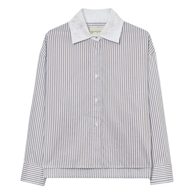 Chemise Rayée Col Perlé | Bleu ciel