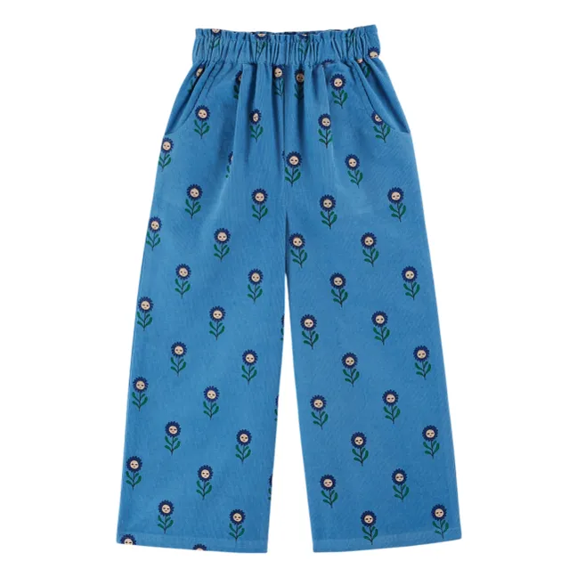 Pantalon Fleurs Velours Côtelé | Bleu