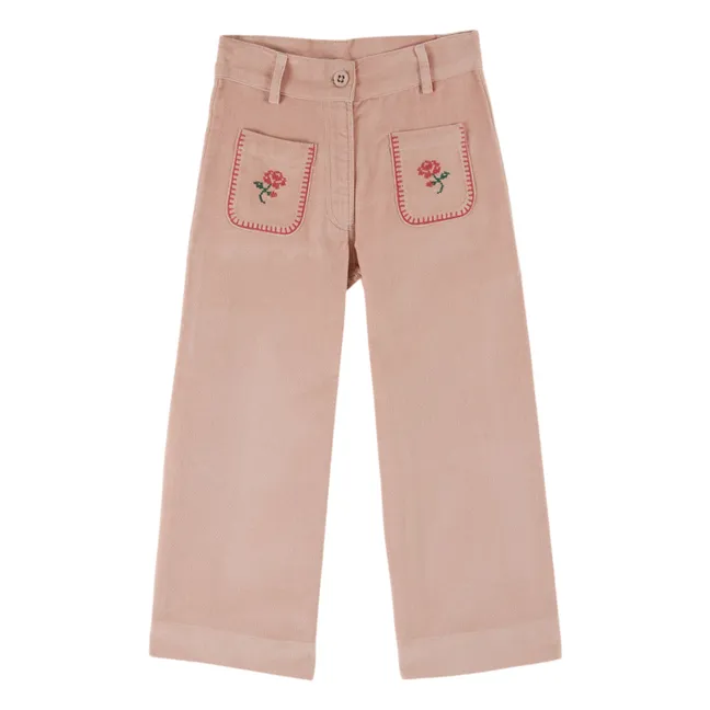 Bestickte Hose aus geripptem Velours | Blassrosa