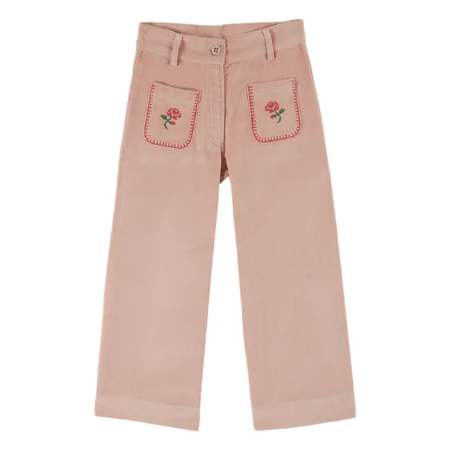 Pantalon Brodé Velours Côtelé | Rose pâle