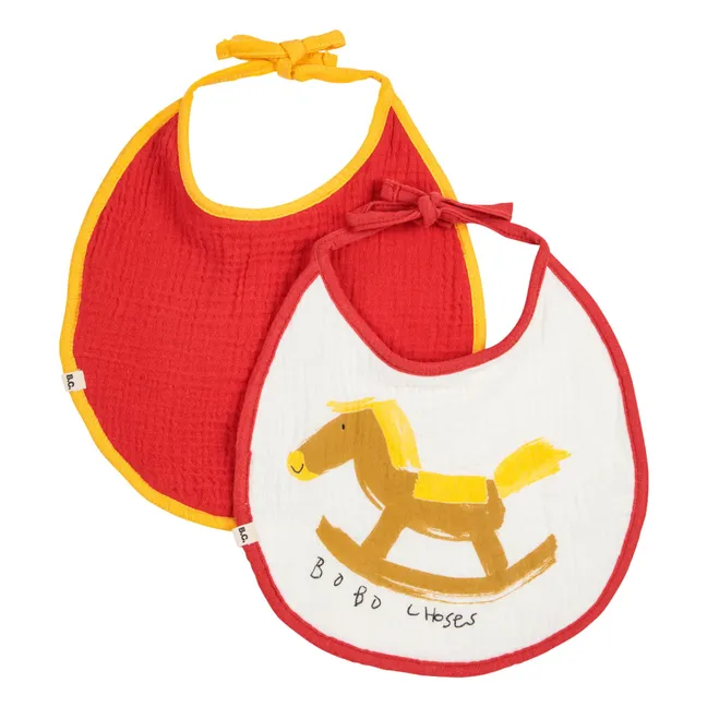 Set of 2 Organic Cotton Gauze Horse Bibs | Red