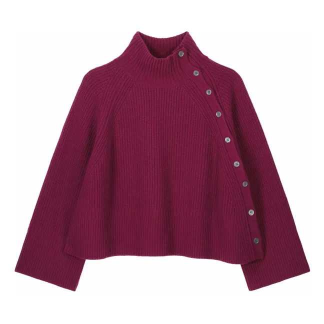 Jersey de cachemira de canalé con cuello alto y botones de gran tamaño | Ciruela