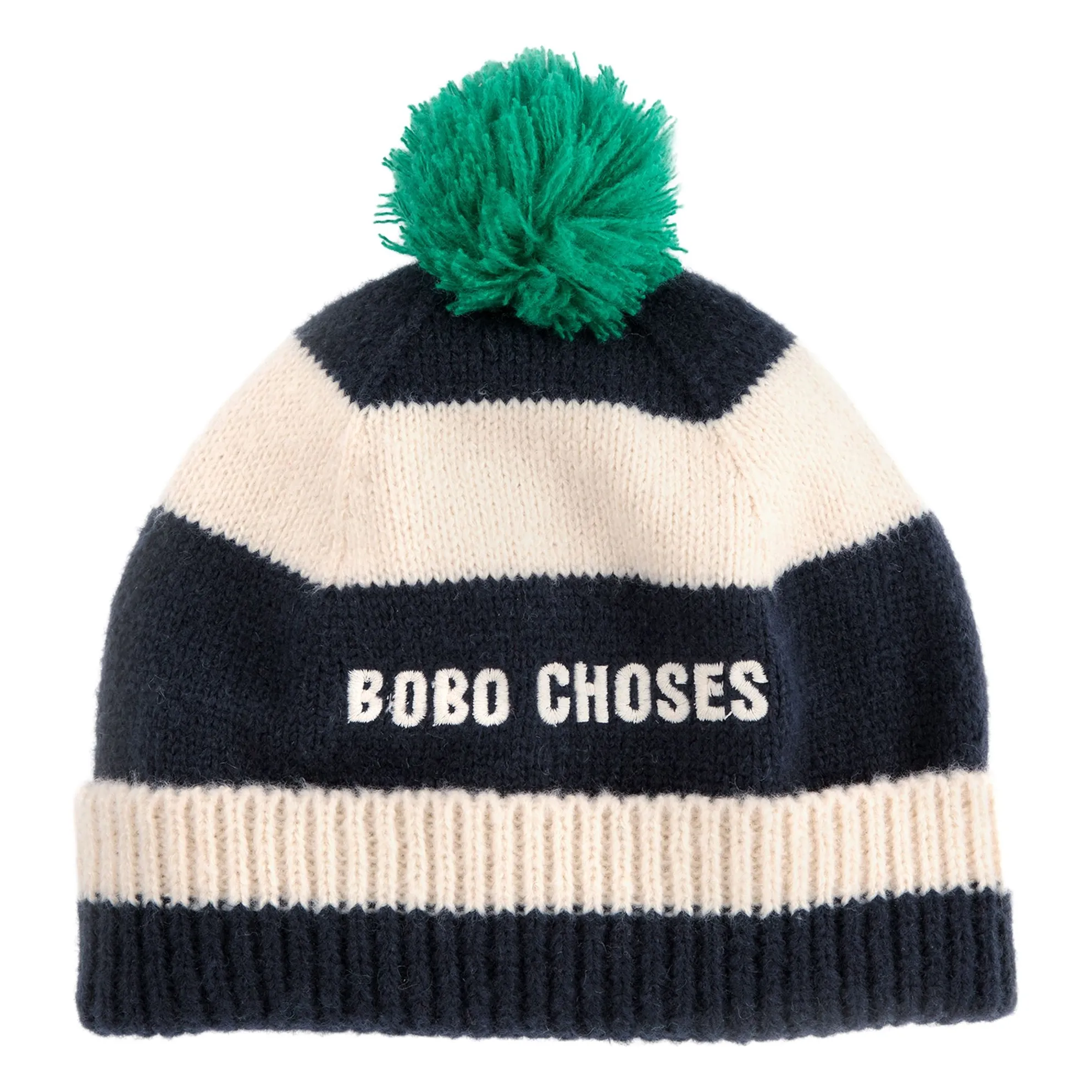 Bobo Choses Ecru Striped Pompom Beanie Recycled Fibers