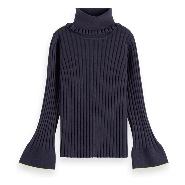 Pull Côtelé Col Roulé | Bleu gris