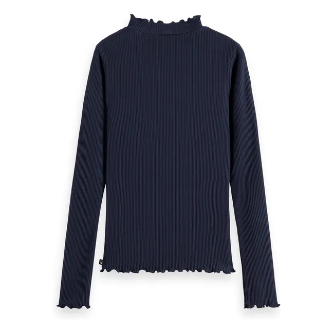Long-sleeved Ribbed Organic Cotton T-shirt | Navy blue