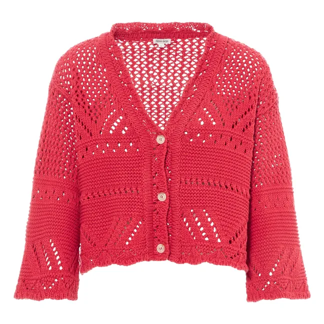 Cotton Crochet Knit Cardigan | Raspberry red