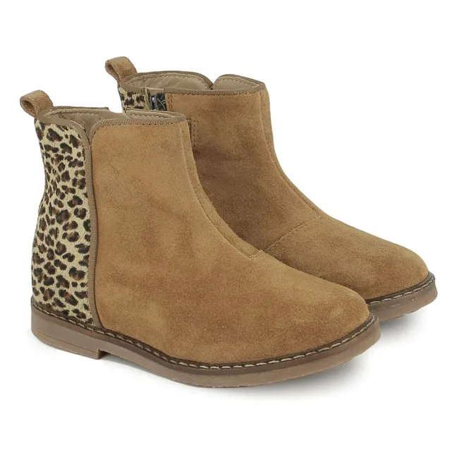 Trip Back Leopard-Stiefel aus Samt | Beige