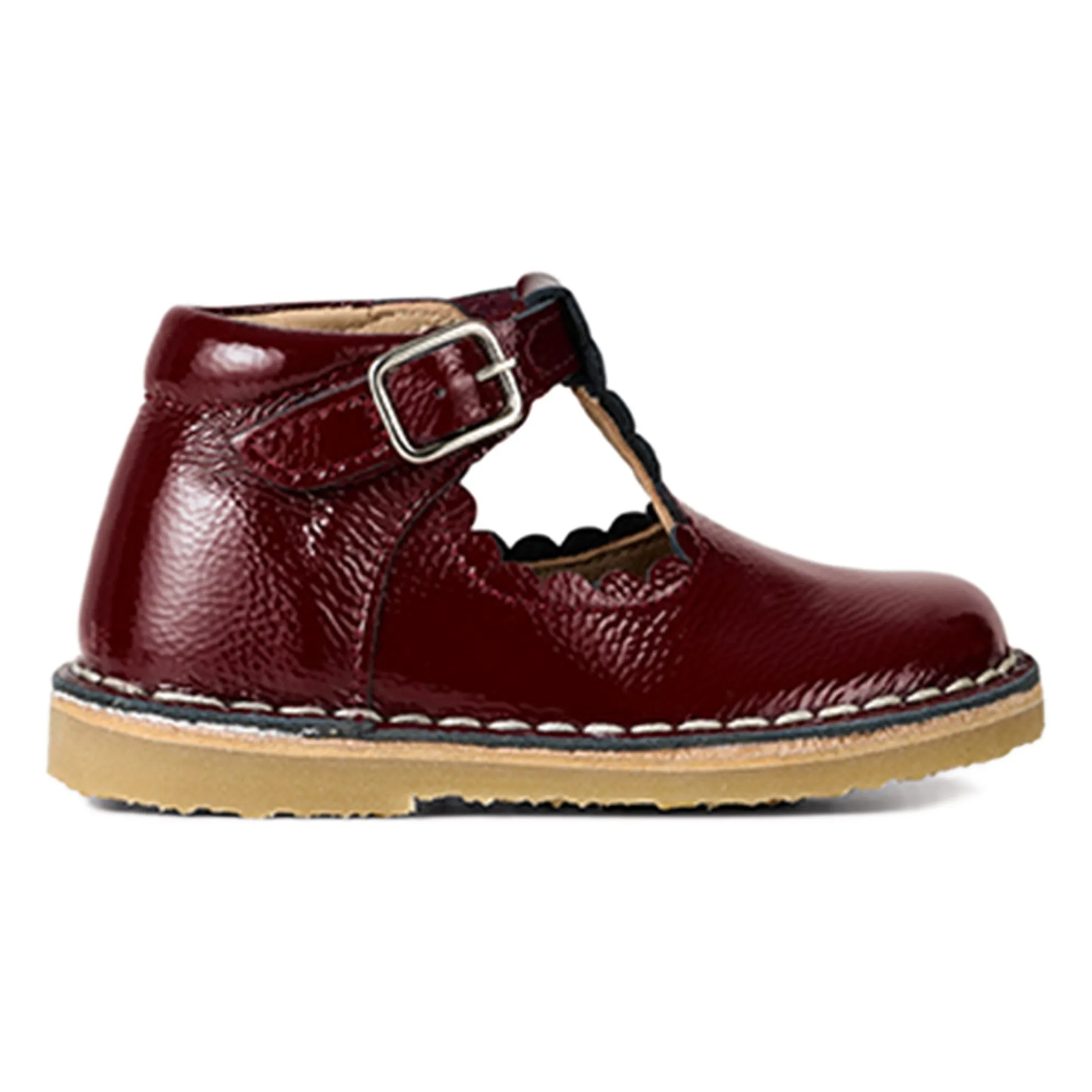 Petit Nord Girls Burgundy Babies T-Bar Scallop