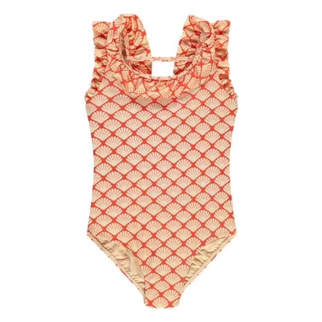 1-piece swimsuit with shell flounces | Red