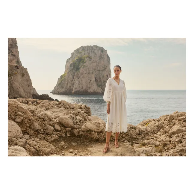 Long-sleeved embroidered dress in organic cotton | Off white