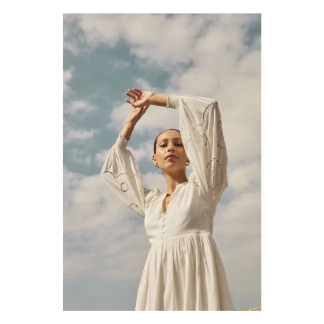 Long-sleeved embroidered dress in organic cotton | Off white