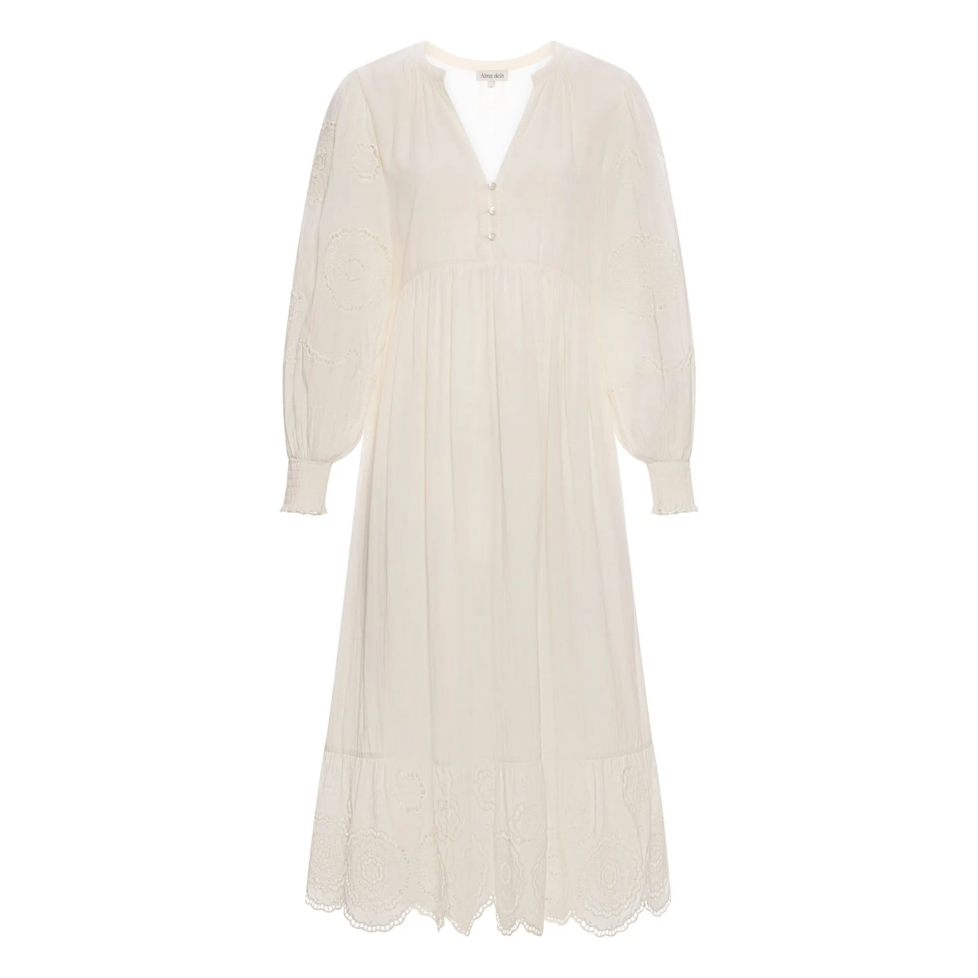 Alma Deia Off White Long-Sleeved Embroidered Dress In Organic Cotton