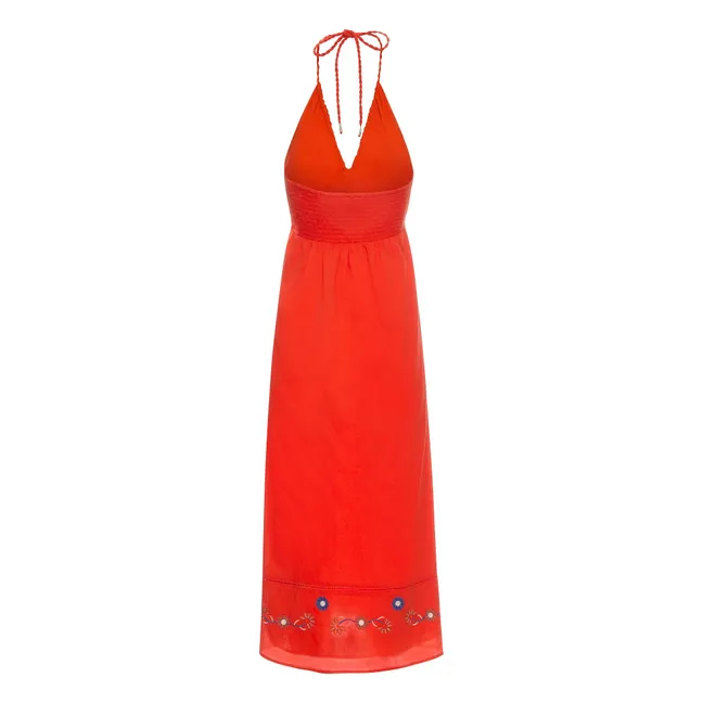 Langes Kleid mit besticktem Rückenteil aus Bio-Baumwolle | Korallenfarben