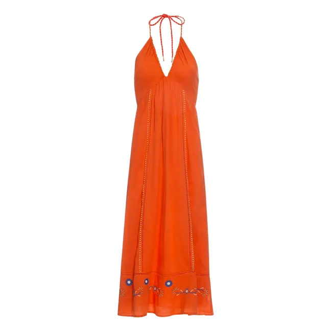 Langes Kleid mit besticktem Rückenteil aus Bio-Baumwolle | Korallenfarben