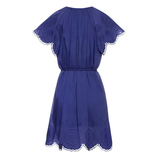 Vestido corto bordado de algodón orgánico | Azul