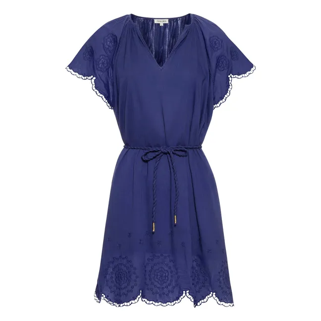 Kurzes besticktes Kleid aus Bio-Baumwolle | Blau