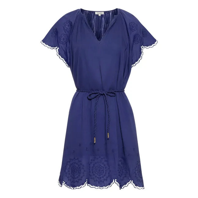 Organic cotton embroidered short dress | Blue