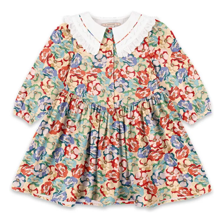 Vestido con cuello floral de algodón orgánico | Beige- Imagen del producto n°0