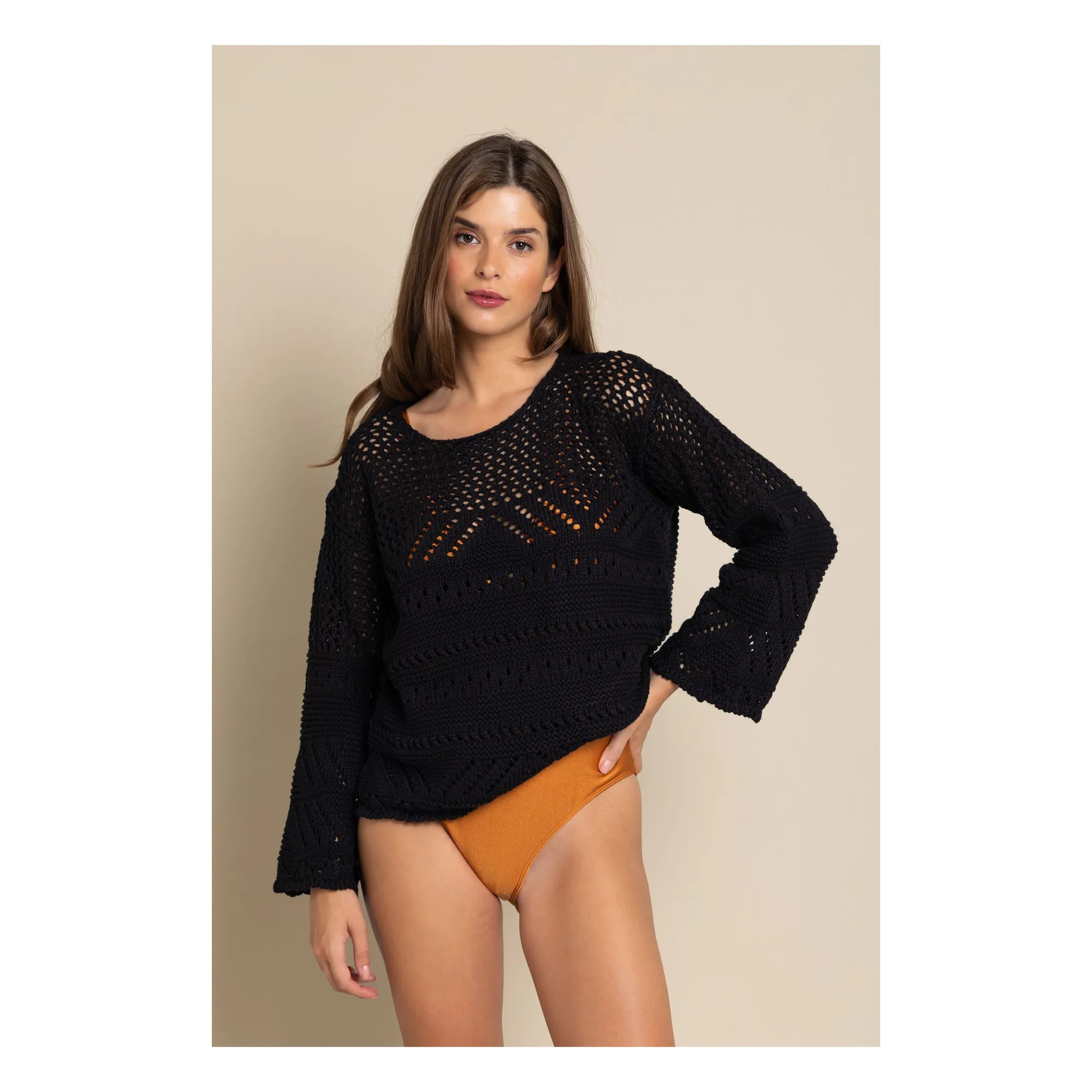 Alma Deia Black Cotton Crochet Sweater